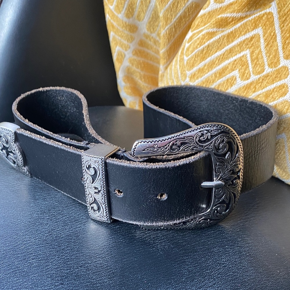 Urban outfitters Black Leather Western Style Belt with Silver Buckle